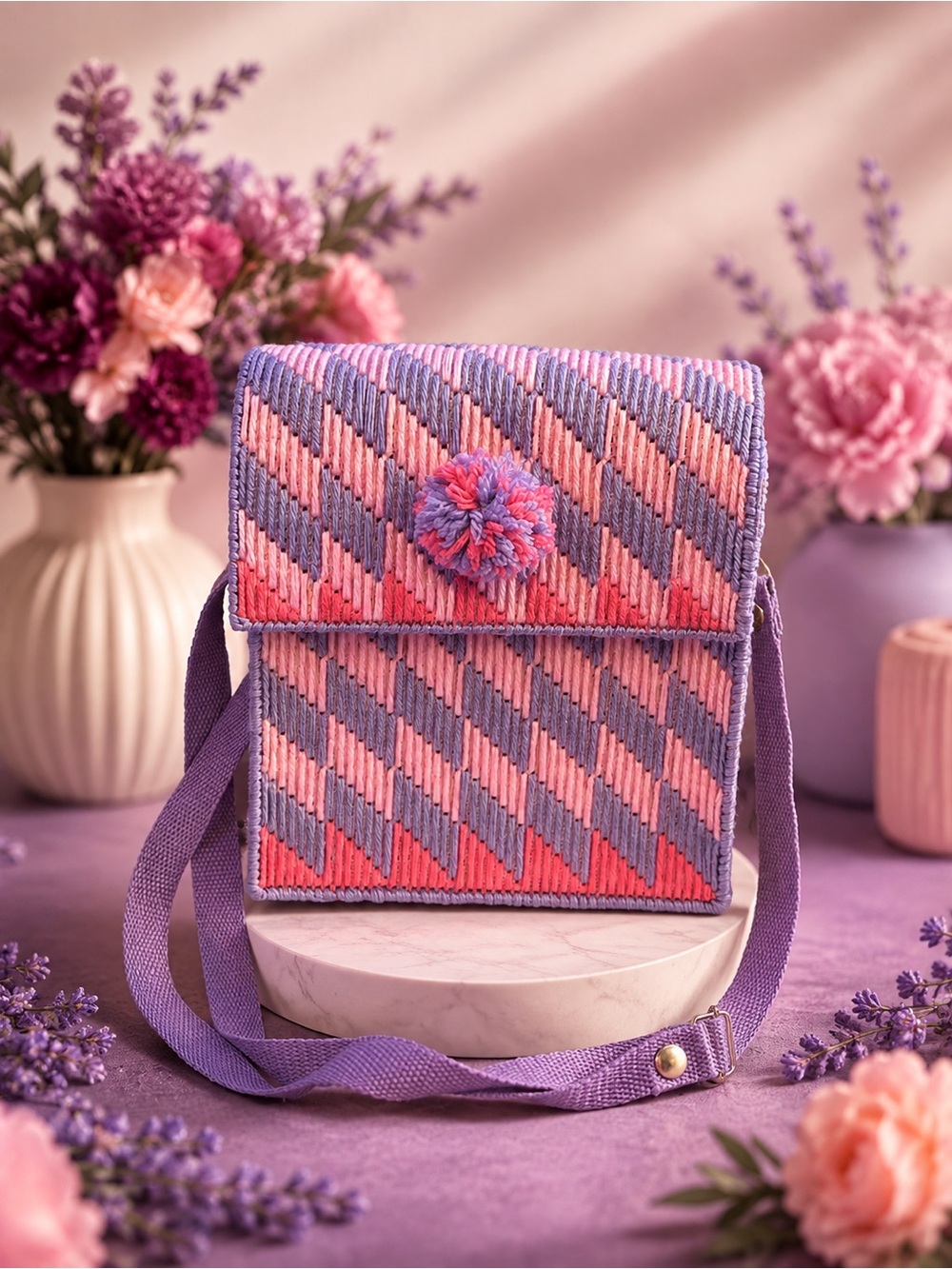 & Other Stories Pink and Purple Handwoven Pom-Pom Crossbody